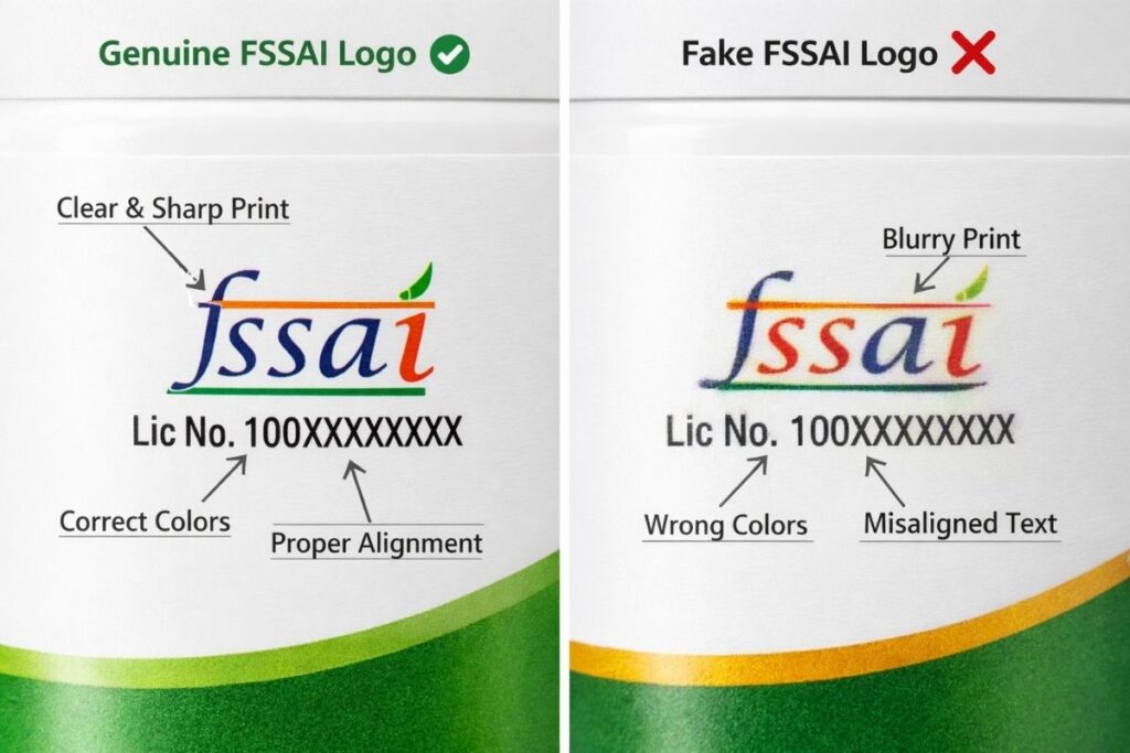 Real vs fake FSSAI logo on supplement labels India comparison